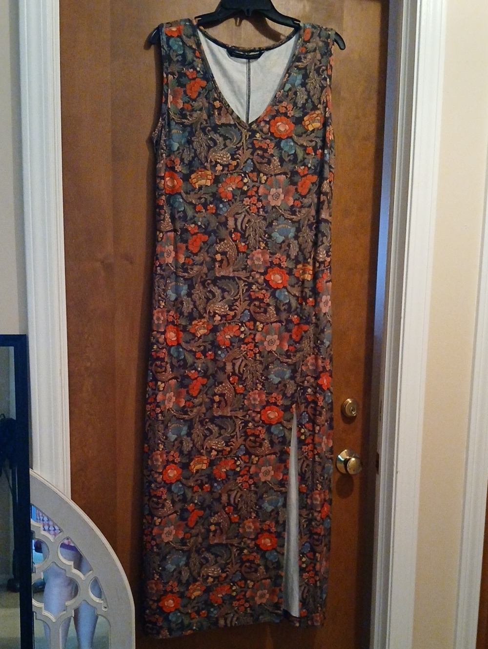 Peruvian Connection Floral V-Neck Maxi Dress in Orange, Teal & Brown L